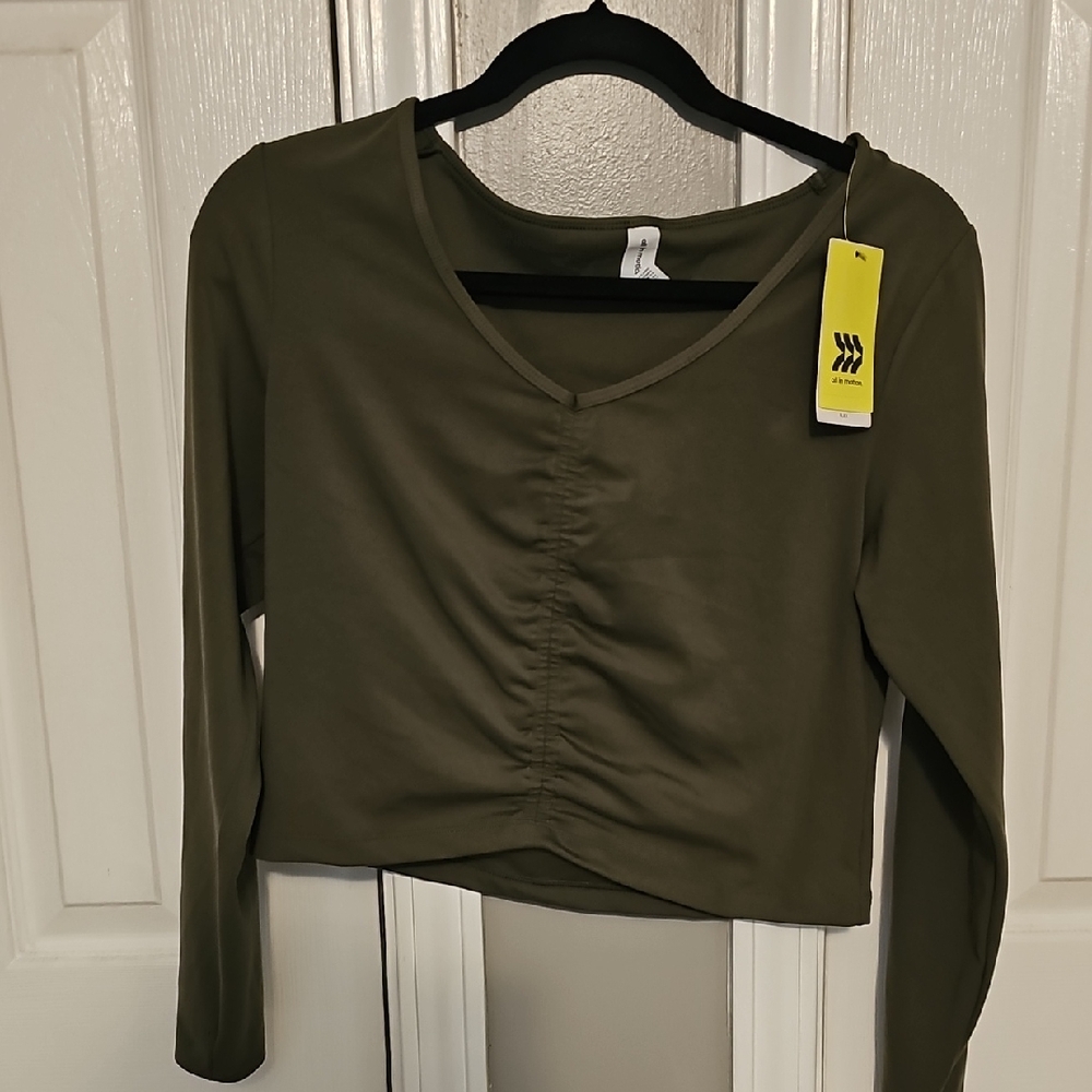 All in Motion Green Ruched Crop Blouse